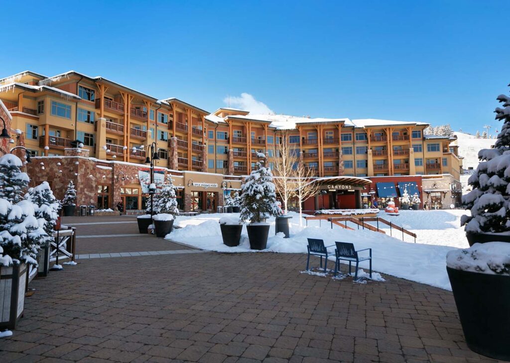 Sundial Lodge Park City Plaza in winter at Canyons Village